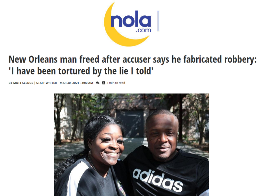 New Orleans man freed after accuser says he fabricated robbery