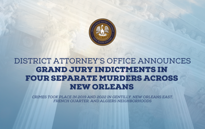 NEW ORLEANS – Last week, the Orleans Parish District Attorney’s Office (OPDA) secured the indictment of four defendants for Second Degree Murders committed across neighborhoods throughout New Orleans. The Orleans Parish Grand Jury charged defendants Bokio B. Johnson, Joshua Taylor, James Patton, and Eugene Weathers for murders that took place in ​the Gentilly, New Orleans East, French Quarter, and Algiers neighborhoods.